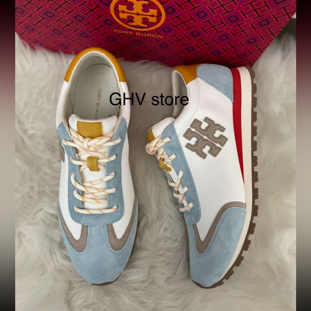 Tory Burch White Light Blue and Mustard Suede Trim Athletic Sneakers - Picture 2 of 9